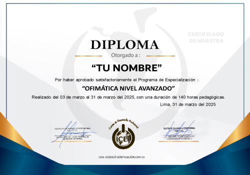 Certificado profesional del COMBO Tesorería y Procedimiento Administrativo con diseño elegante, bordes dorados y sellos oficiales